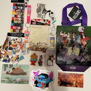 Lot Of Assorted Disney Stickers, Pins, Disney Bag, and More See Pics
